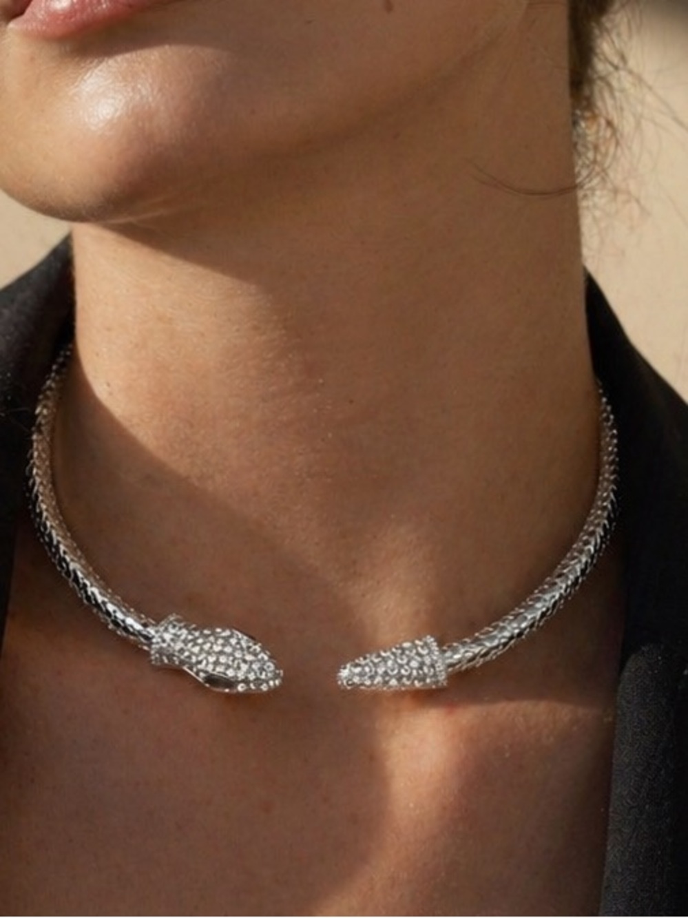 Silver Snake Head Torque Necklace